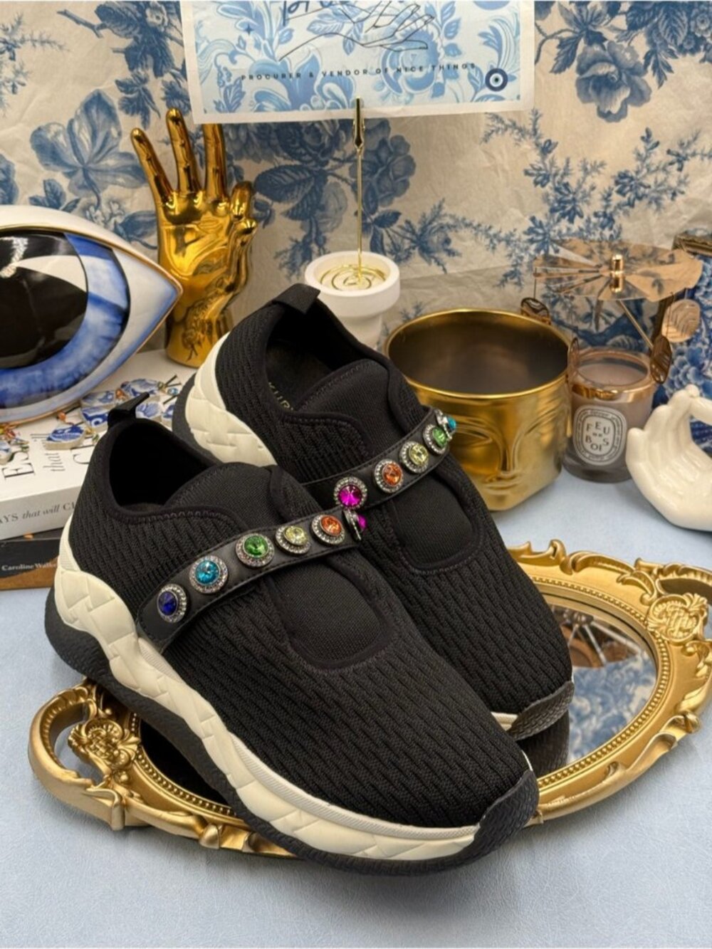 🆕 KURT GEIGER LONDON 🧿 NWOB Knit Rainbow Jewel Sneakers, Black - Sz 40.5 US9.5 - Picture 7 of 14